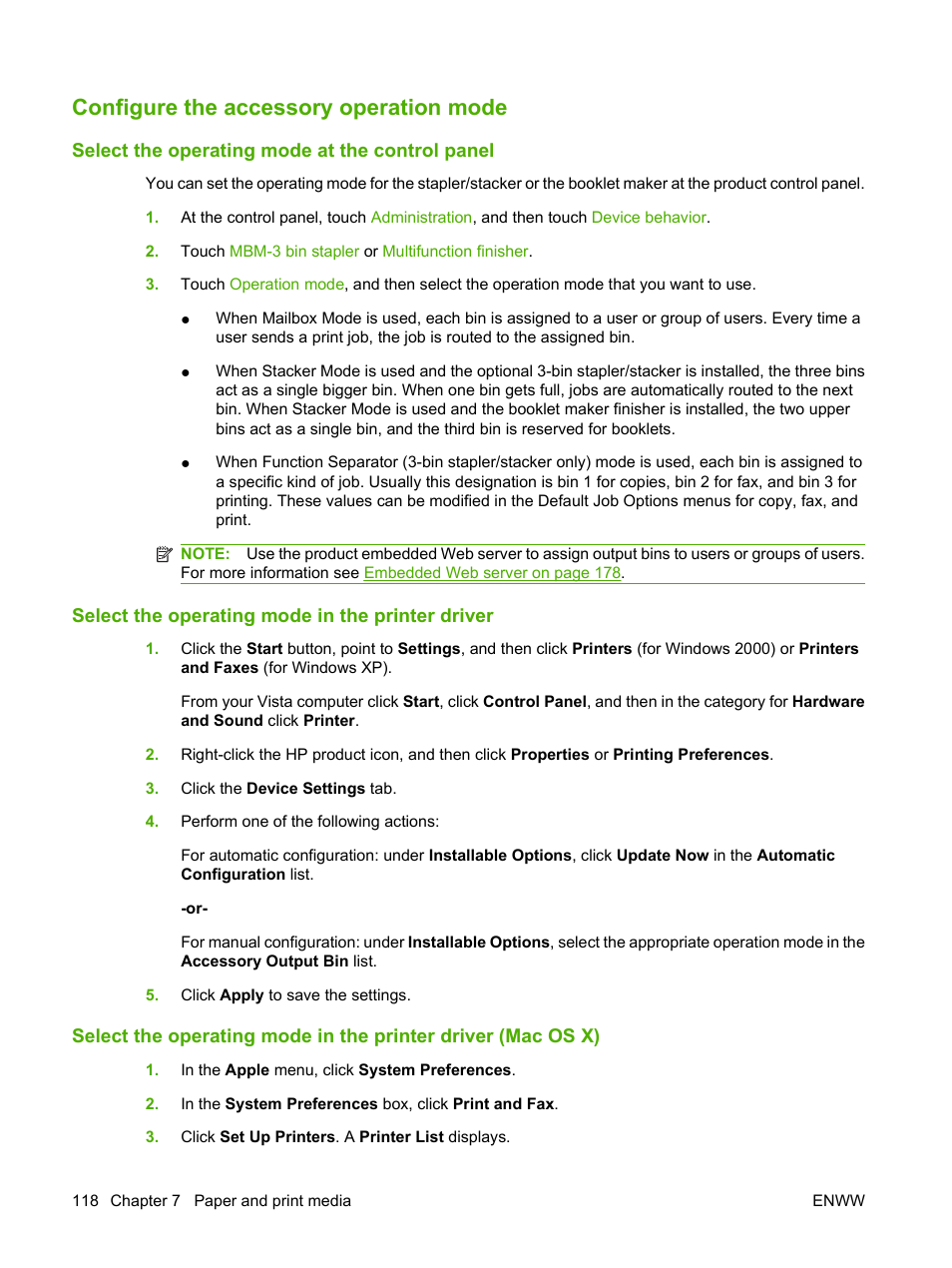 Configure the accessory operation mode, Select the operating mode at the control panel, Select the operating mode in the printer driver | HP CM6049F MFP User Manual | Page 134 / 320
