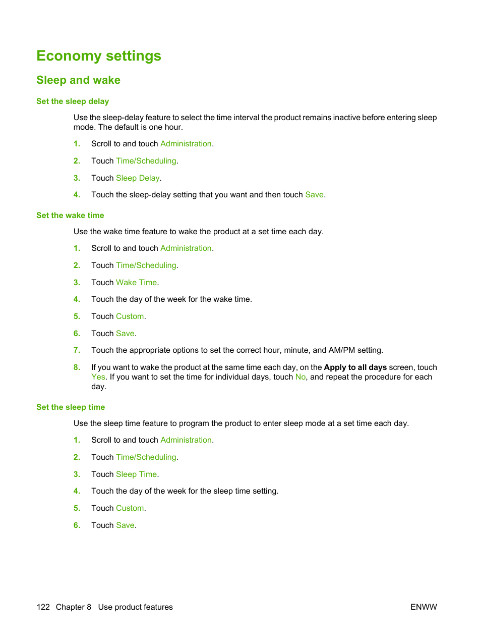 Economy settings, Sleep and wake | HP CM6049F MFP User Manual | Page 138 / 320