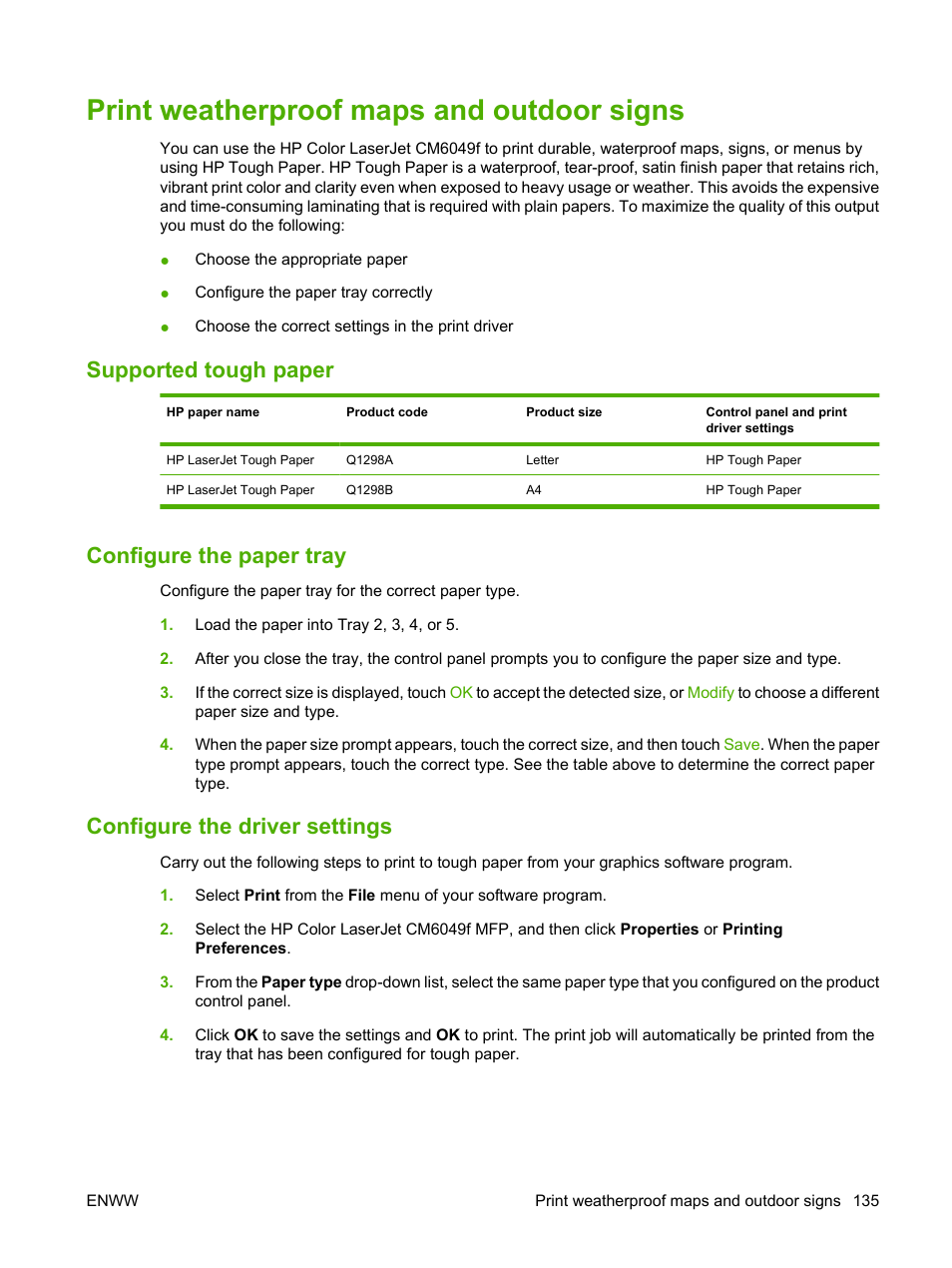 Print weatherproof maps and outdoor signs, Supported tough paper, Configure the paper tray | Configure the driver settings | HP CM6049F MFP User Manual | Page 151 / 320
