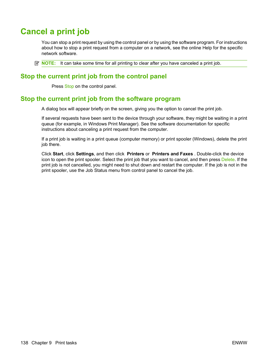 Cancel a print job, Stop the current print job from the control panel | HP CM6049F MFP User Manual | Page 154 / 320