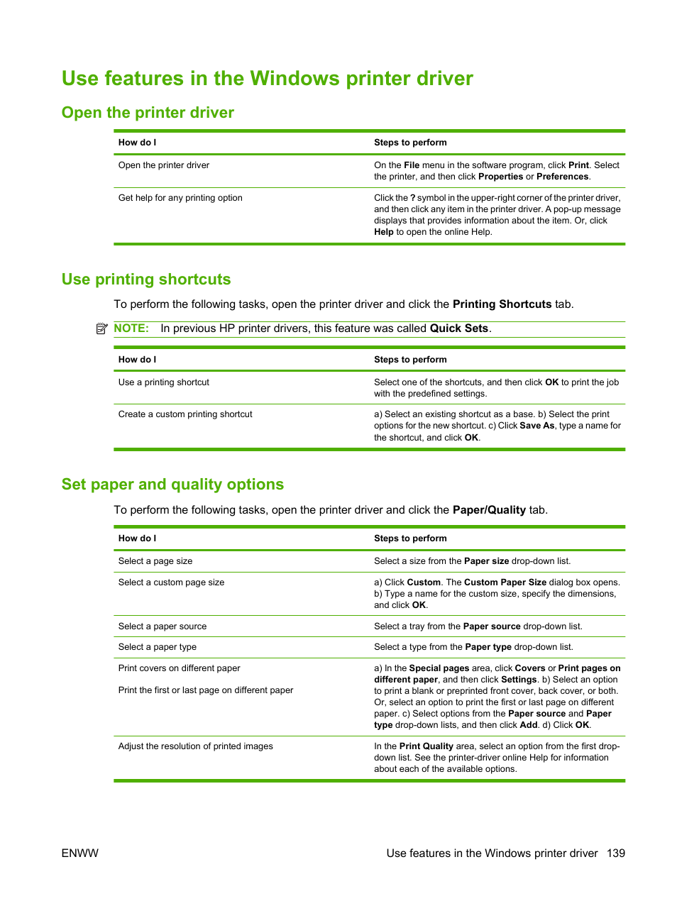 Use features in the windows printer driver, Open the printer driver, Use printing shortcuts | Set paper and quality options | HP CM6049F MFP User Manual | Page 155 / 320