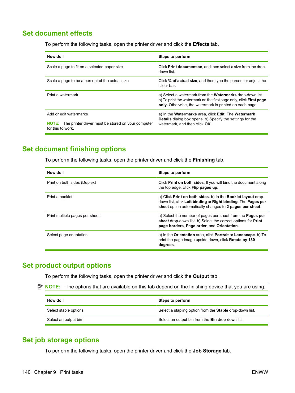 Set document effects, Set document finishing options, Set product output options | Set job storage options | HP CM6049F MFP User Manual | Page 156 / 320