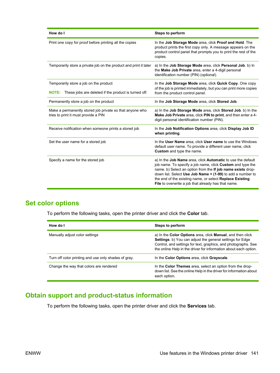 Set color options, Obtain support and product-status information | HP CM6049F MFP User Manual | Page 157 / 320