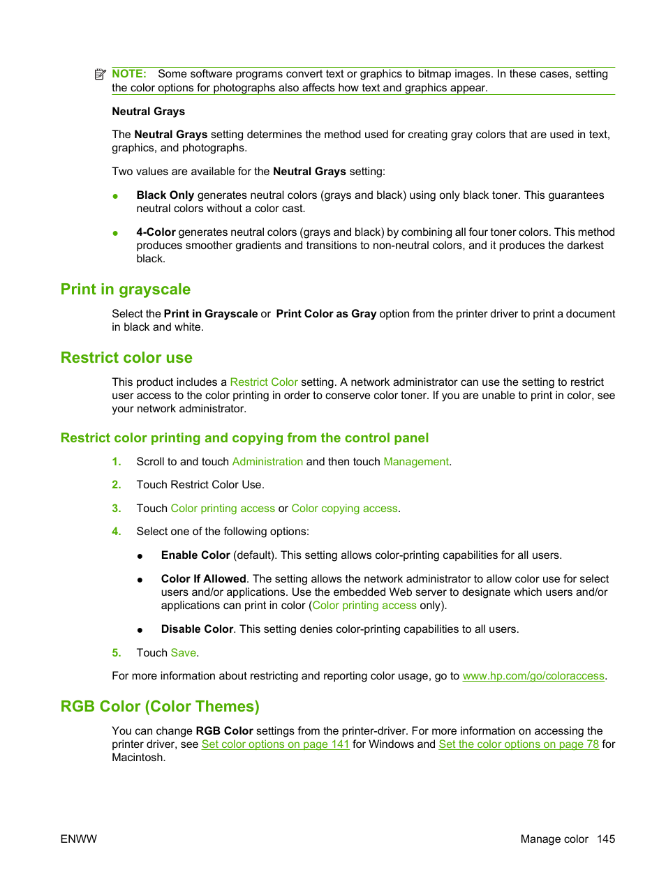 Print in grayscale, Restrict color use, Rgb color (color themes) | Print in grayscale restrict color use | HP CM6049F MFP User Manual | Page 161 / 320