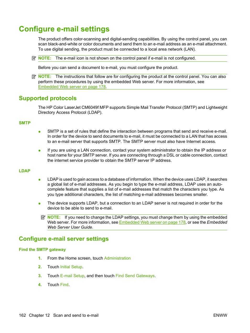 Configure e-mail settings, Supported protocols, Configure e-mail server settings | HP CM6049F MFP User Manual | Page 178 / 320