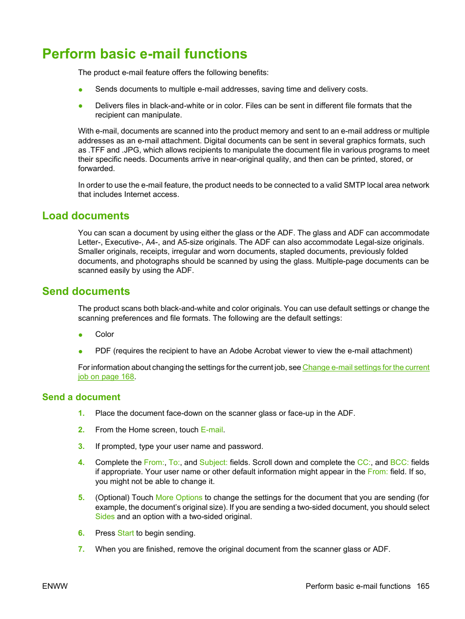 Perform basic e-mail functions, Load documents, Send documents | Send a document, Load documents send documents | HP CM6049F MFP User Manual | Page 181 / 320