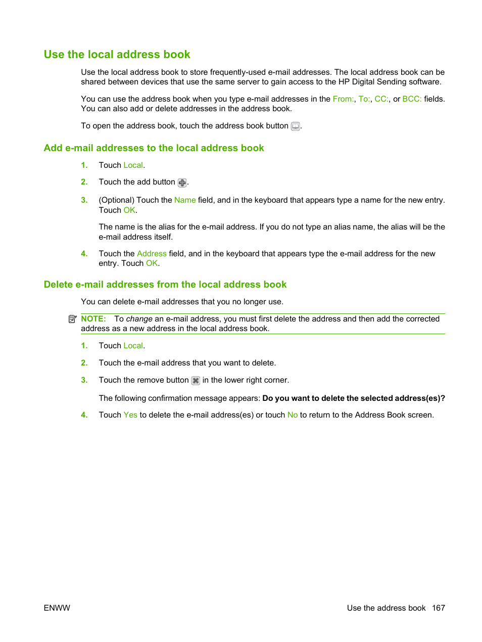 Use the local address book, Add e-mail addresses to the local address book | HP CM6049F MFP User Manual | Page 183 / 320