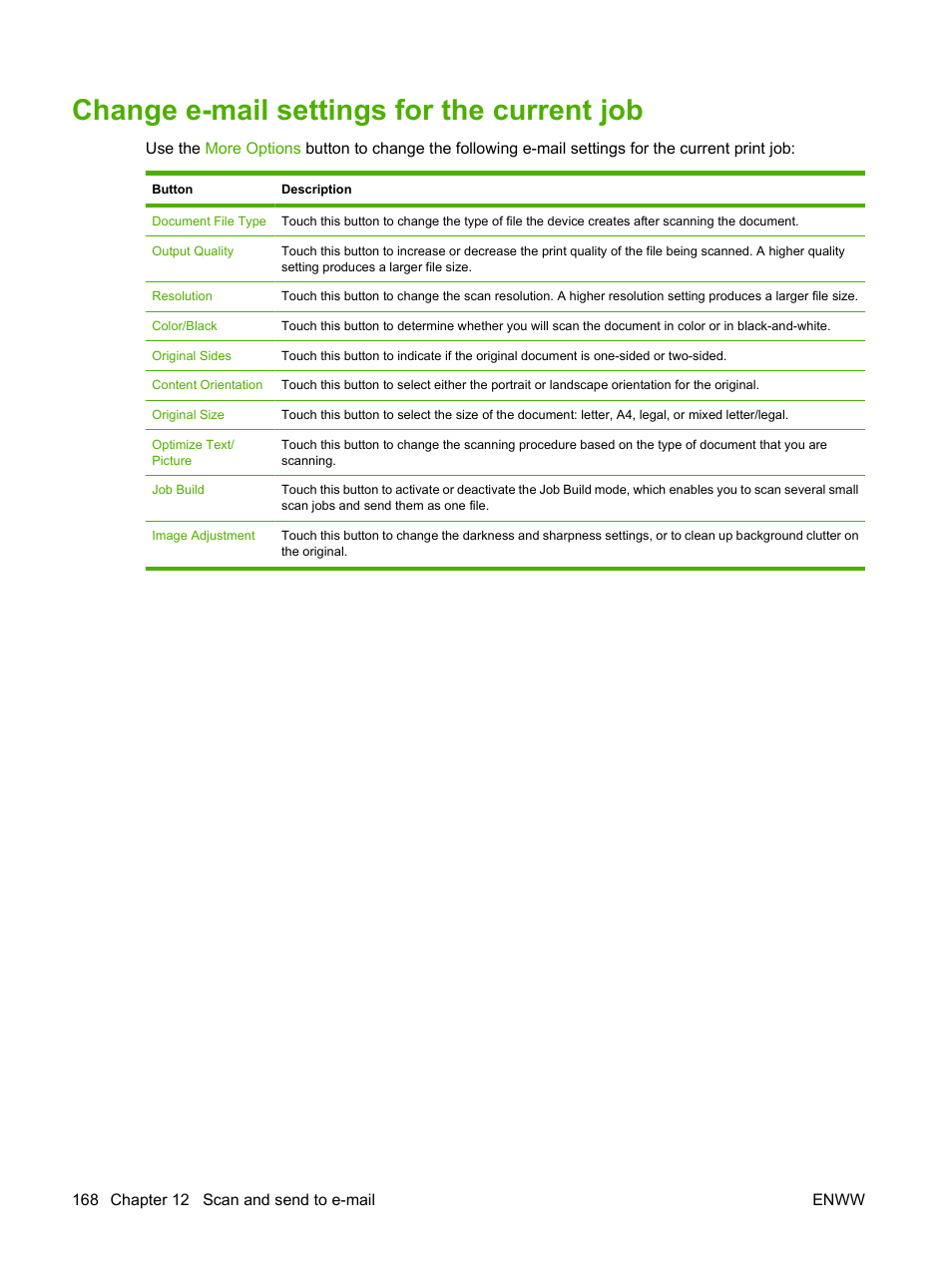 Change e‑mail settings for the current job, Change e-mail settings for the current job, Change e-mail settings for the current | HP CM6049F MFP User Manual | Page 184 / 320