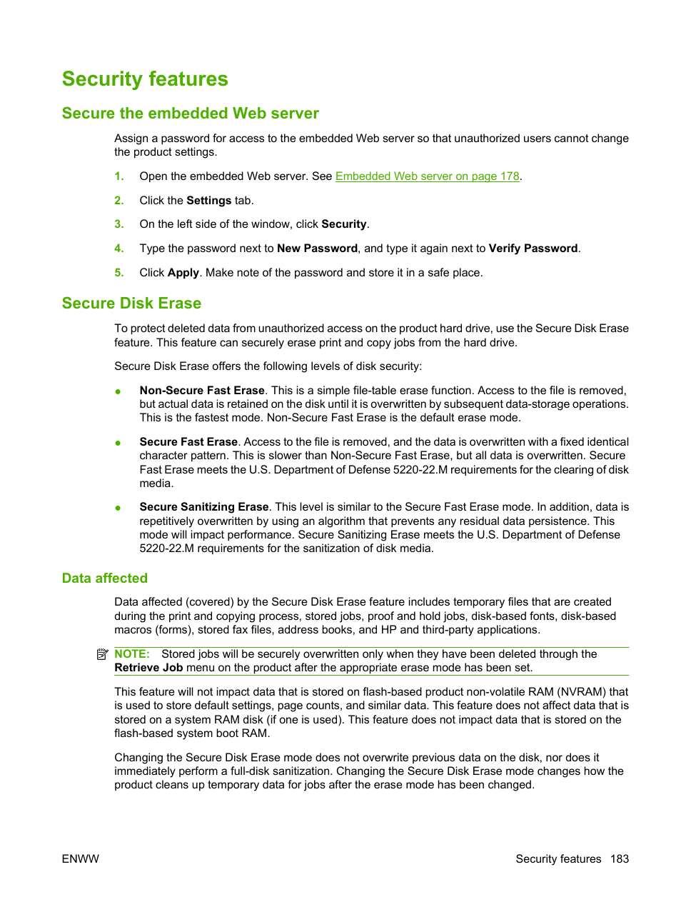 Security features, Secure the embedded web server, Secure disk erase | Data affected, Secure the embedded web server secure disk erase | HP CM6049F MFP User Manual | Page 199 / 320