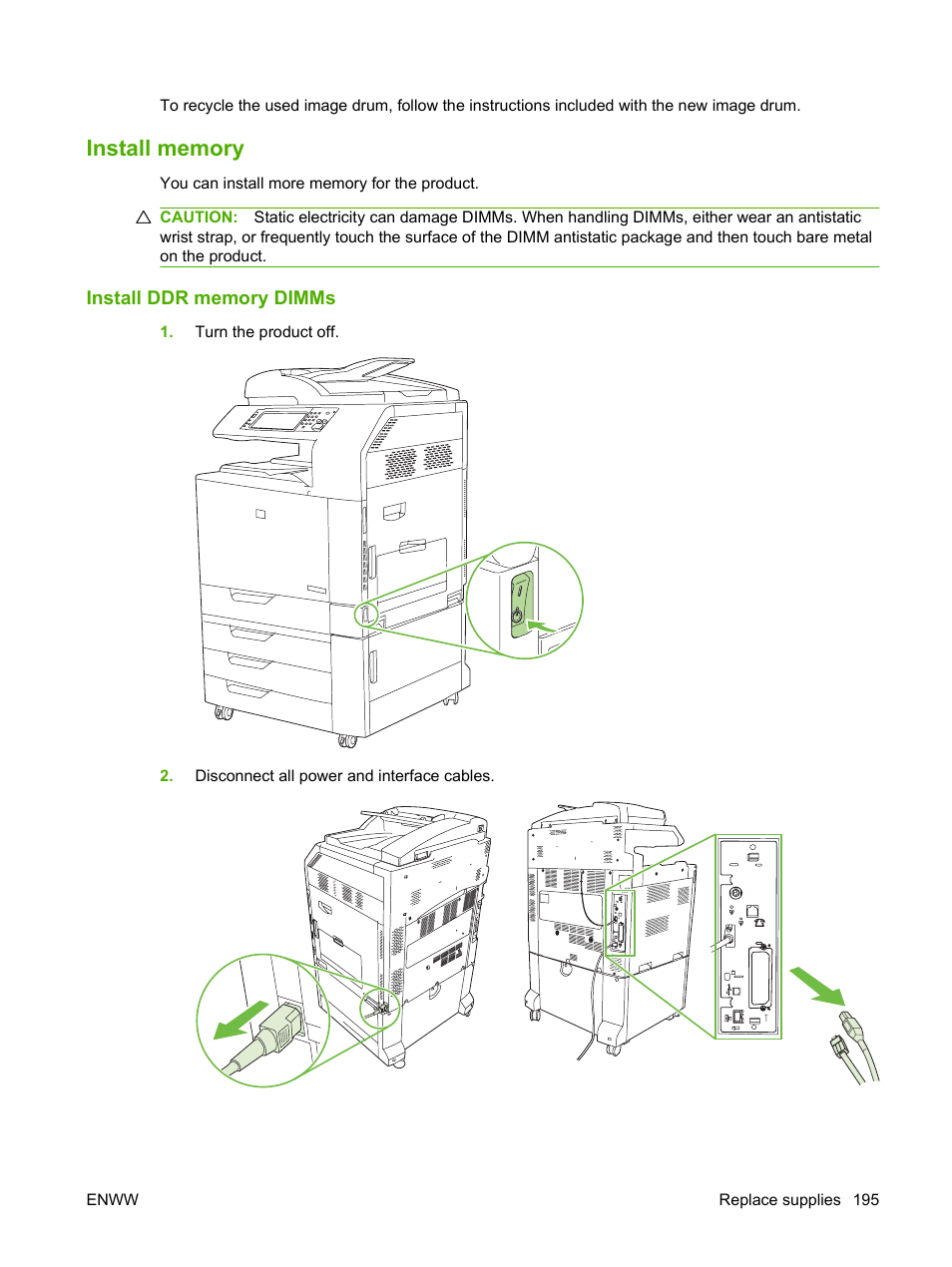 Install memory, Install ddr memory dimms | HP CM6049F MFP User Manual | Page 211 / 320
