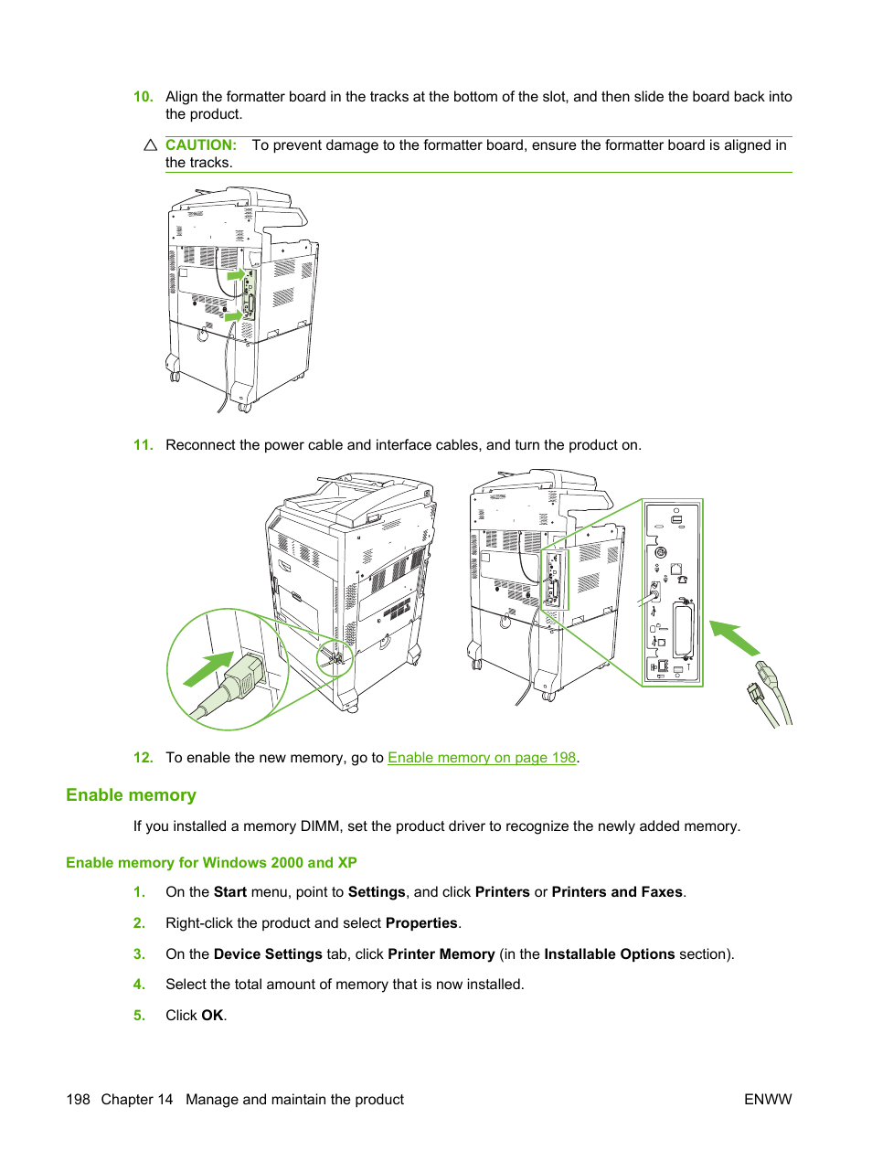 Enable memory, Enable memory for windows 2000 and xp | HP CM6049F MFP User Manual | Page 214 / 320