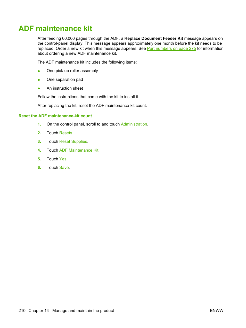 Adf maintenance kit | HP CM6049F MFP User Manual | Page 226 / 320