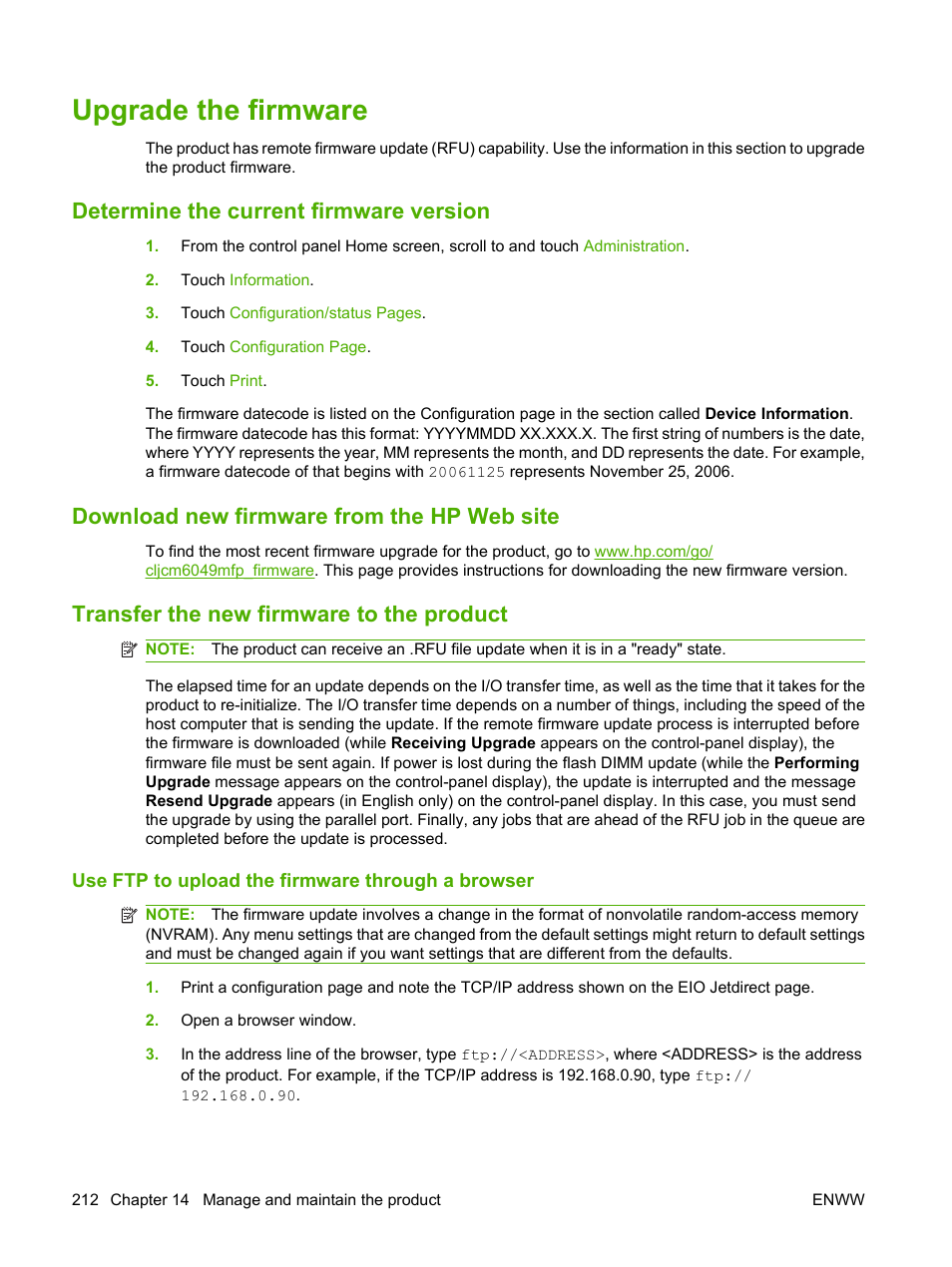 Upgrade the firmware, Determine the current firmware version, Download new firmware from the hp web site | Transfer the new firmware to the product, Use ftp to upload the firmware through a browser | HP CM6049F MFP User Manual | Page 228 / 320