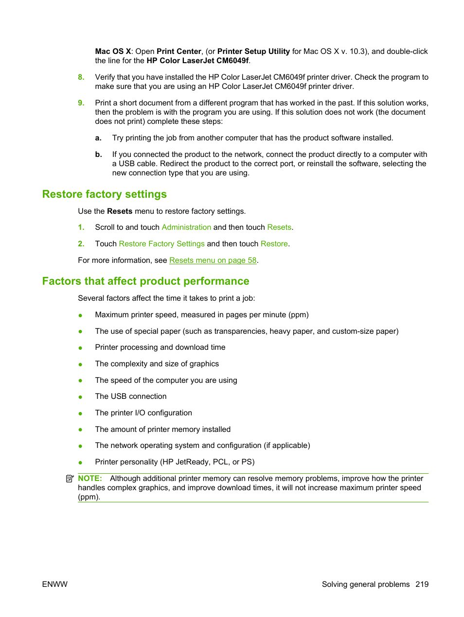 Restore factory settings, Factors that affect product performance | HP CM6049F MFP User Manual | Page 235 / 320