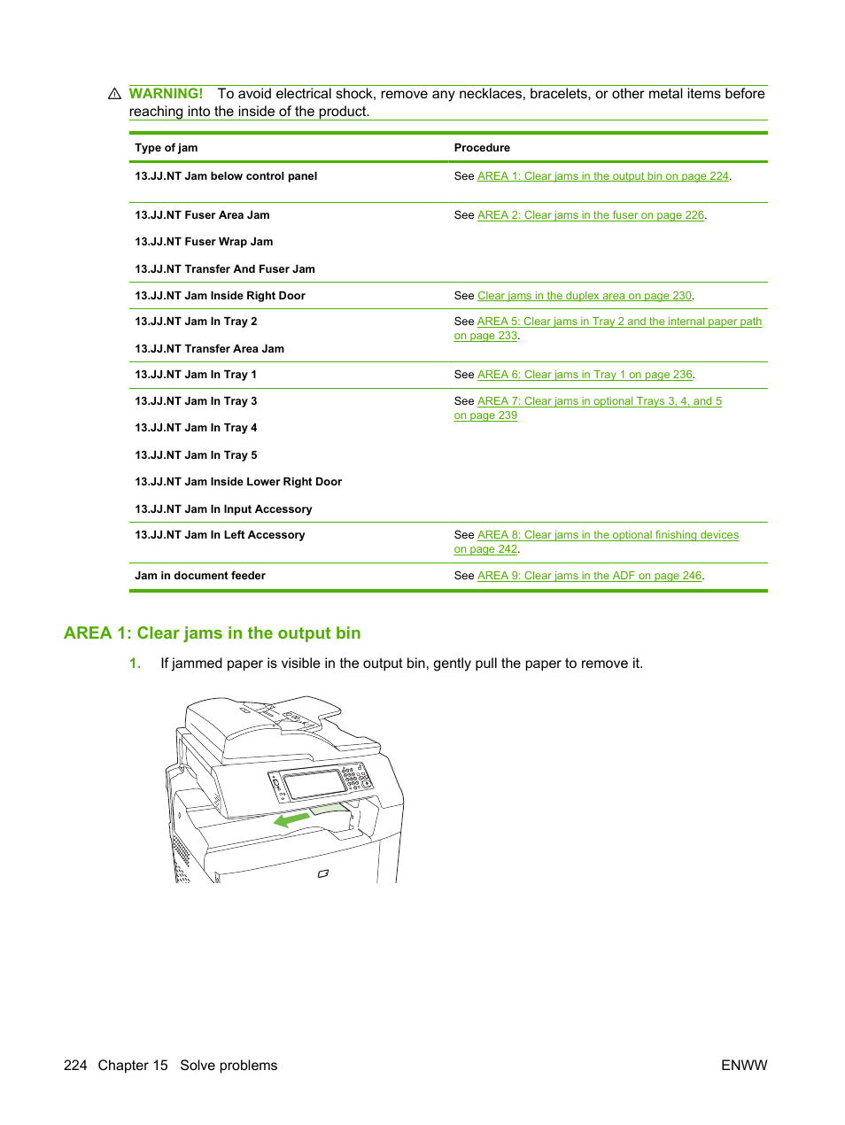 Area 1: clear jams in the output bin | HP CM6049F MFP User Manual | Page 240 / 320