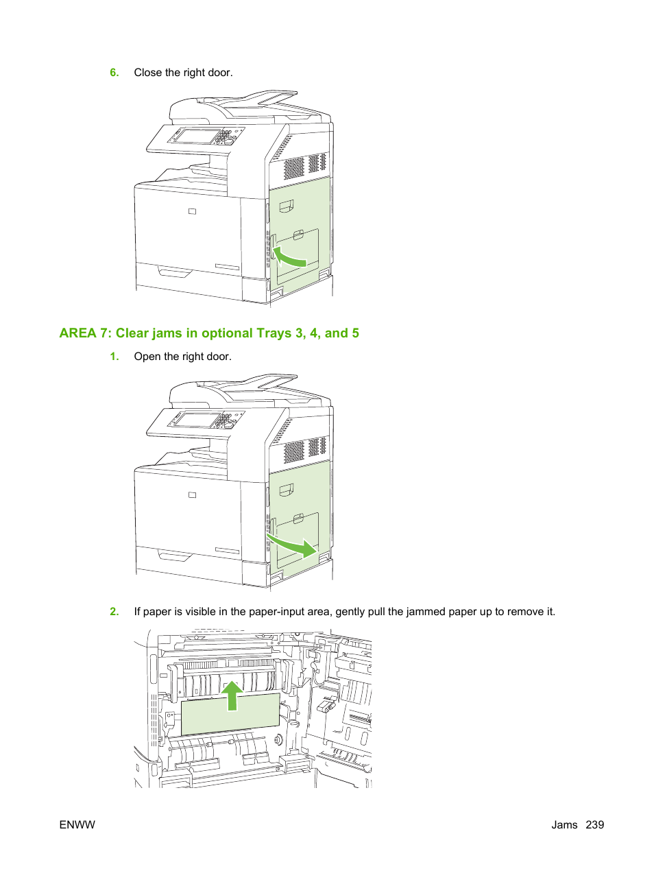 Area 7: clear jams in optional trays 3, 4, and 5 | HP CM6049F MFP User Manual | Page 255 / 320