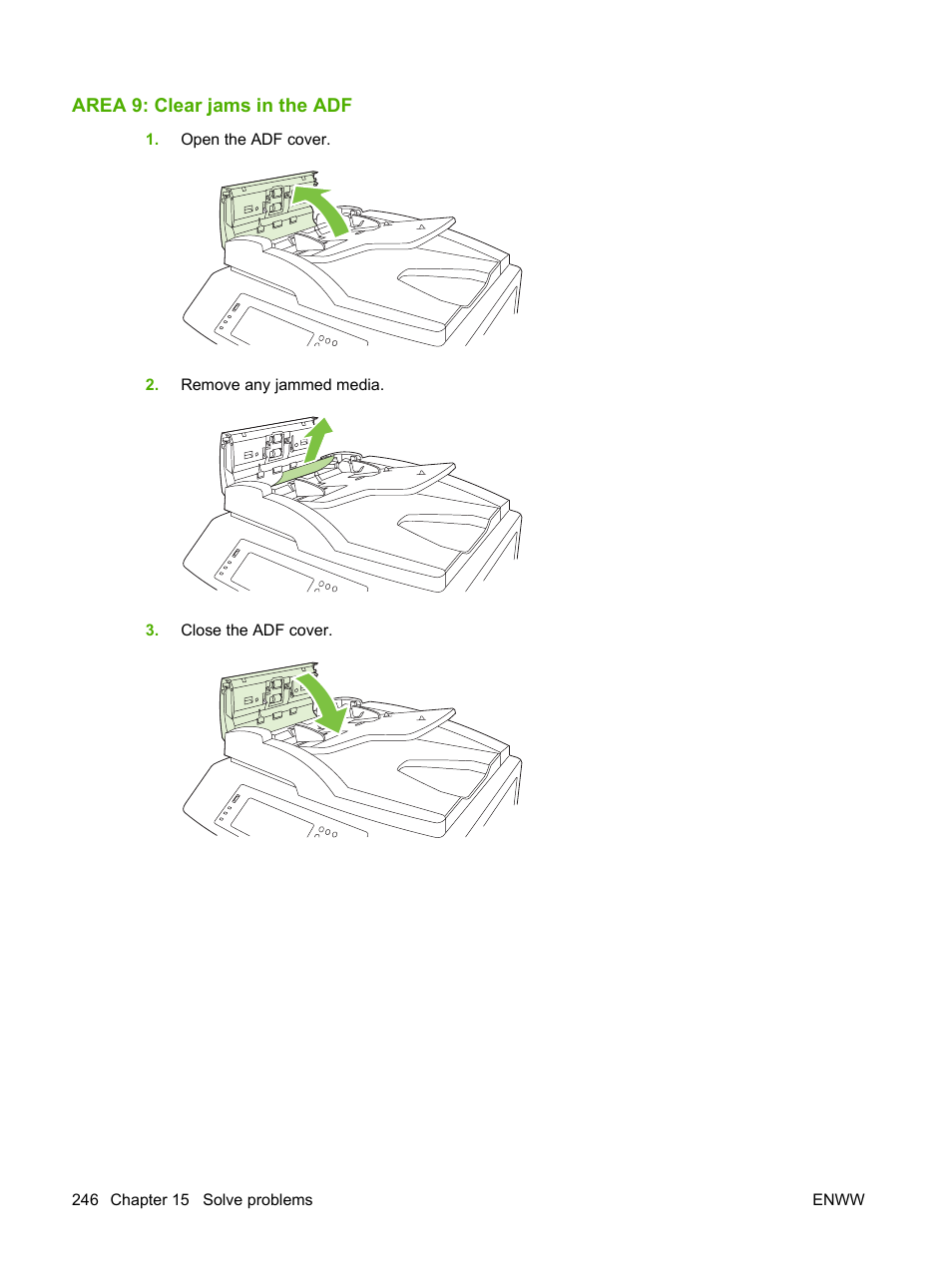 Area 9: clear jams in the adf | HP CM6049F MFP User Manual | Page 262 / 320