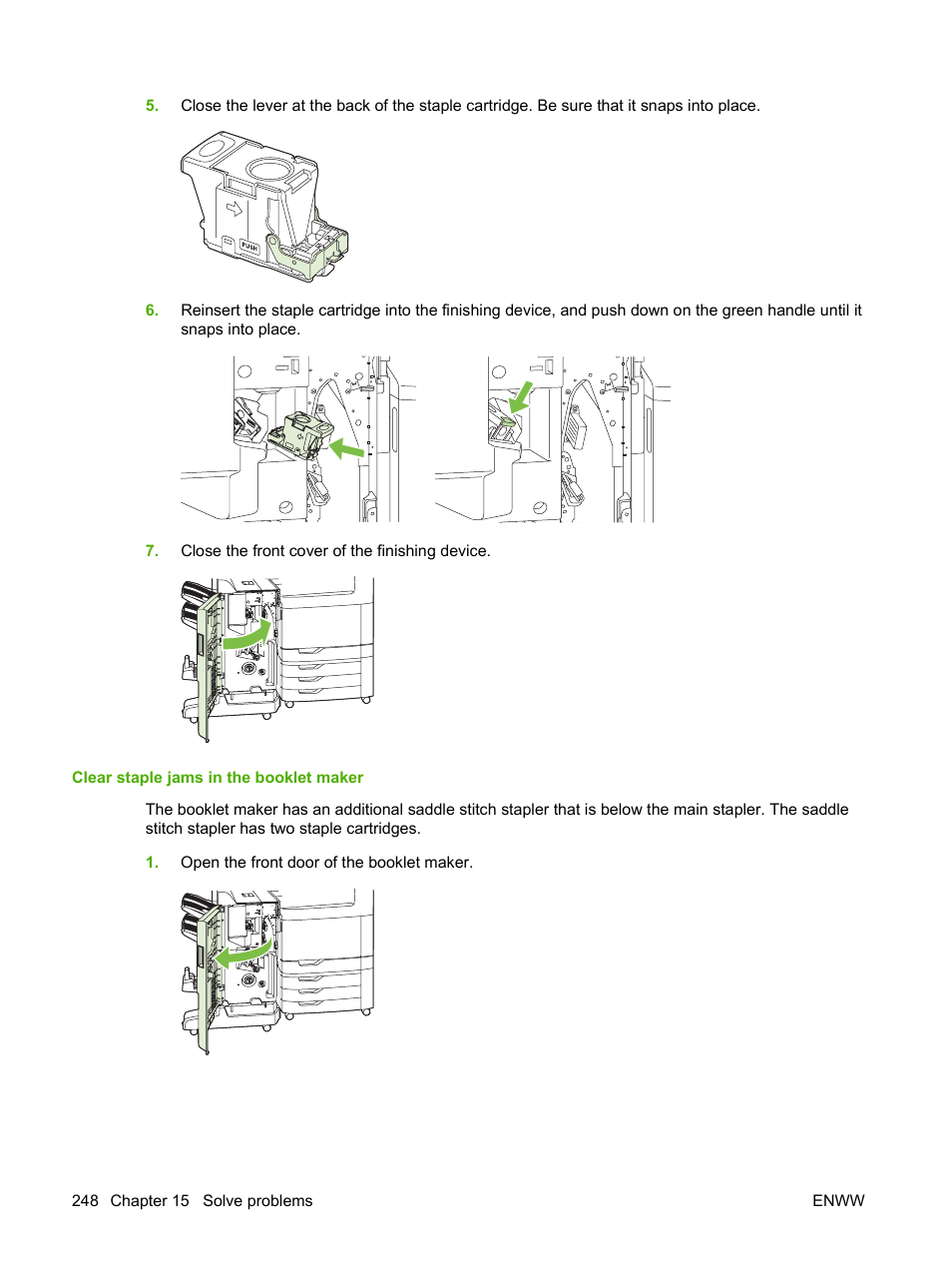 Clear staple jams in the booklet maker | HP CM6049F MFP User Manual | Page 264 / 320