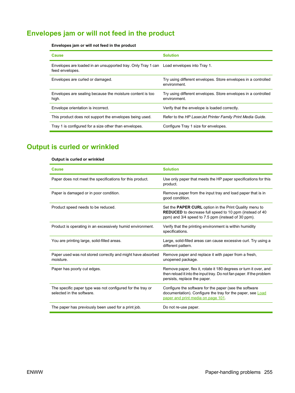 Envelopes jam or will not feed in the product, Output is curled or wrinkled | HP CM6049F MFP User Manual | Page 271 / 320