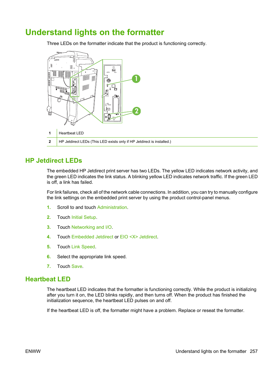 Understand lights on the formatter, Hp jetdirect leds, Heartbeat led | Hp jetdirect leds heartbeat led | HP CM6049F MFP User Manual | Page 273 / 320