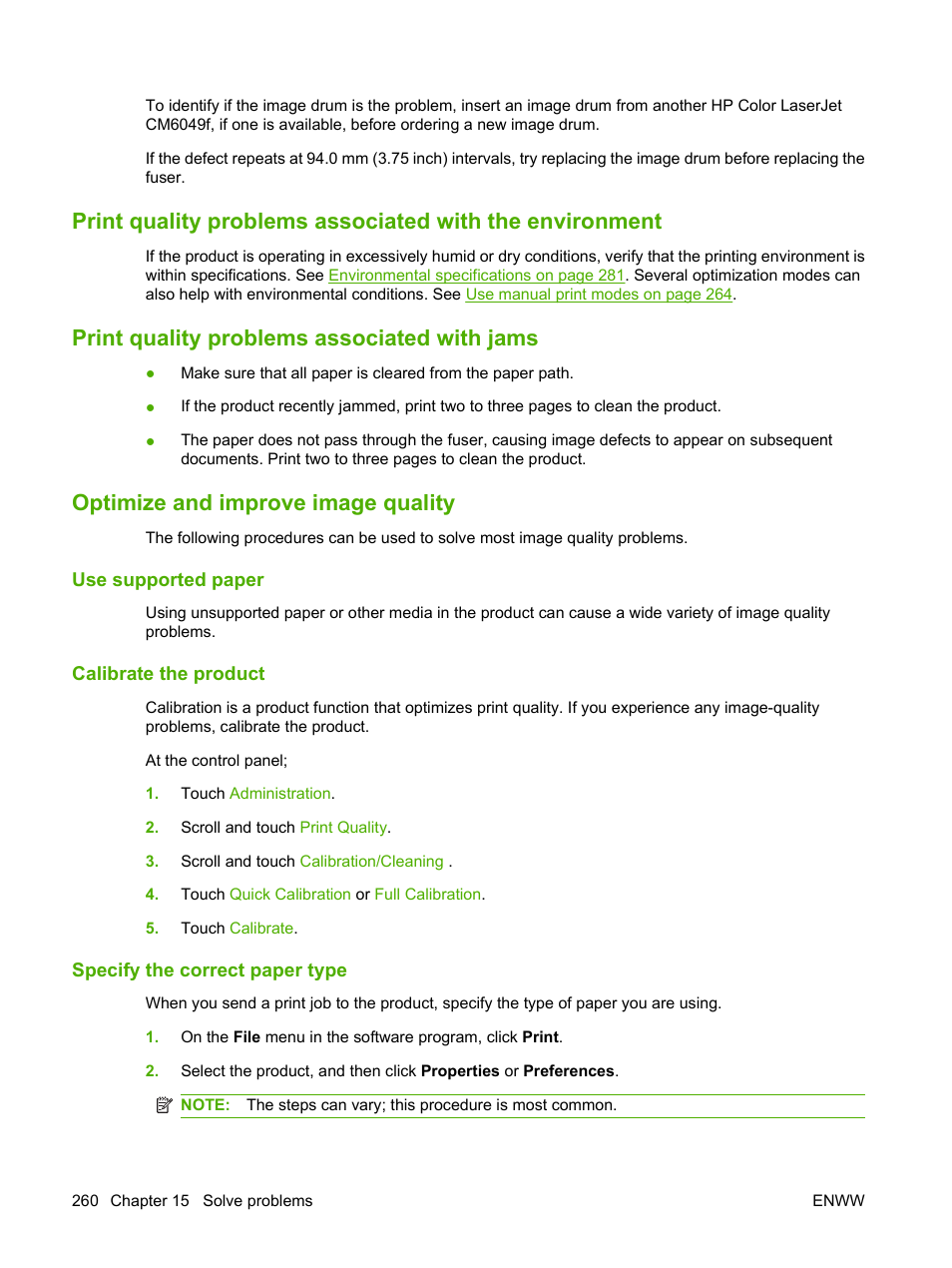 Print quality problems associated with jams, Optimize and improve image quality, Use supported paper | Calibrate the product, Specify the correct paper type | HP CM6049F MFP User Manual | Page 276 / 320