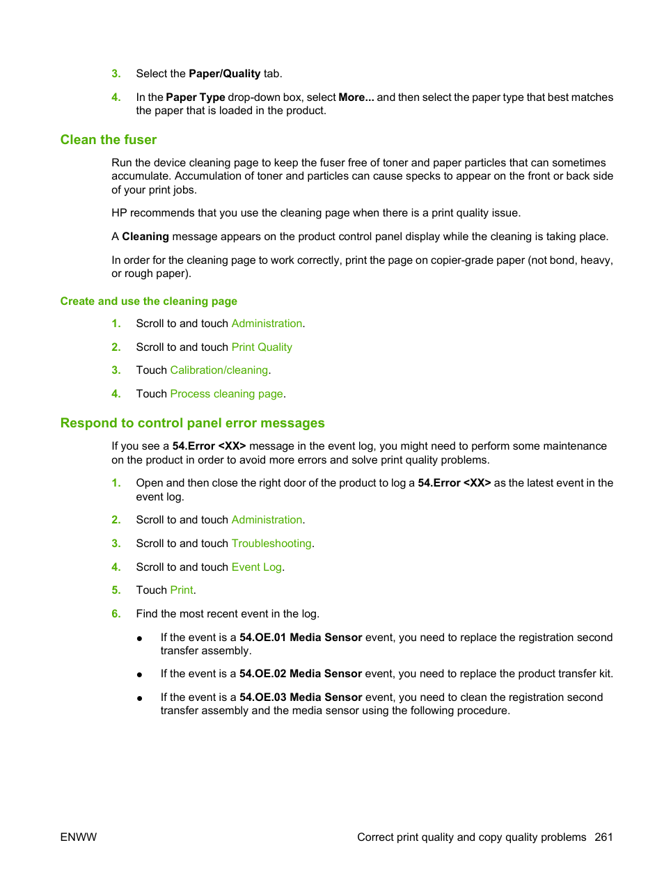 Clean the fuser, Respond to control panel error messages | HP CM6049F MFP User Manual | Page 277 / 320