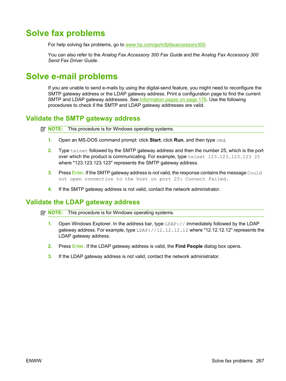 Solve fax problems, Solve e-mail problems, Validate the smtp gateway address | Validate the ldap gateway address, Solve fax problems solve e-mail problems | HP CM6049F MFP User Manual | Page 283 / 320