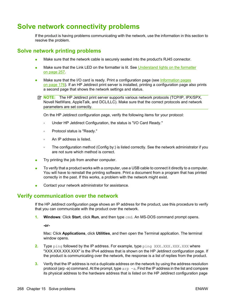 Solve network connectivity problems, Solve network printing problems, Verify communication over the network | HP CM6049F MFP User Manual | Page 284 / 320