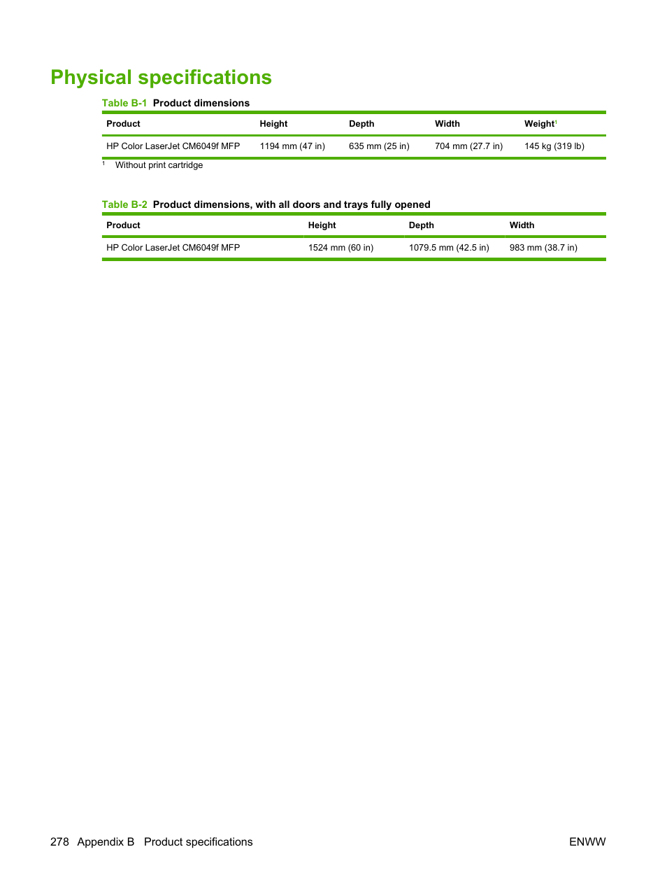 Physical specifications | HP CM6049F MFP User Manual | Page 294 / 320