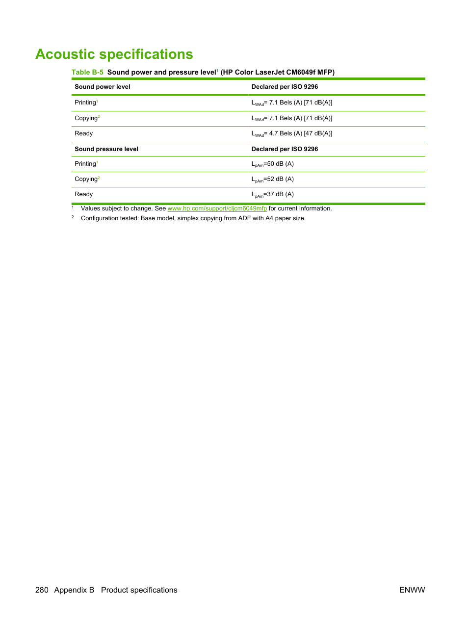 Acoustic specifications, 280 appendix b product specifications enww | HP CM6049F MFP User Manual | Page 296 / 320