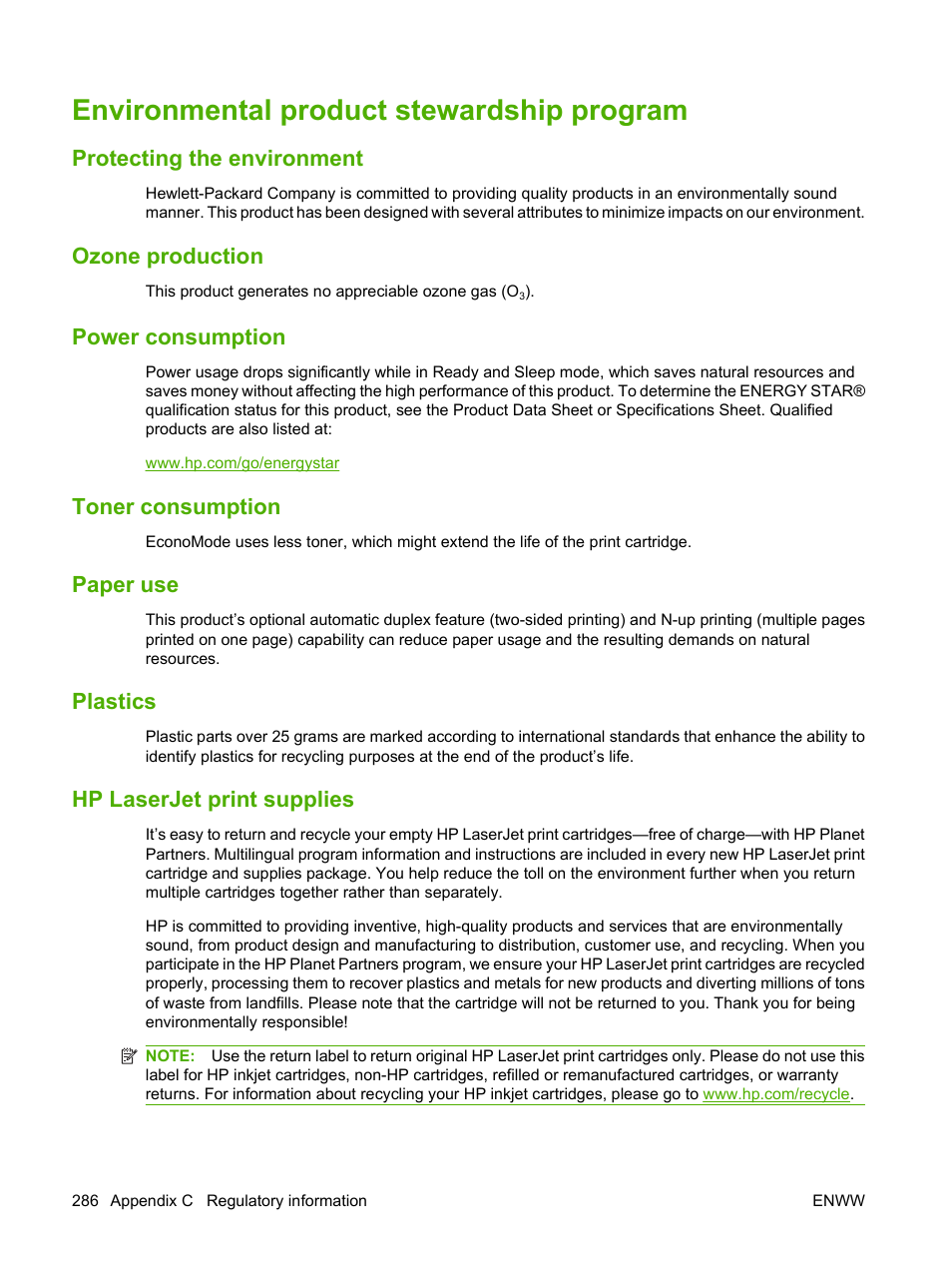 Environmental product stewardship program, Protecting the environment, Ozone production | Power consumption, Toner consumption, Paper use, Plastics, Hp laserjet print supplies | HP CM6049F MFP User Manual | Page 302 / 320