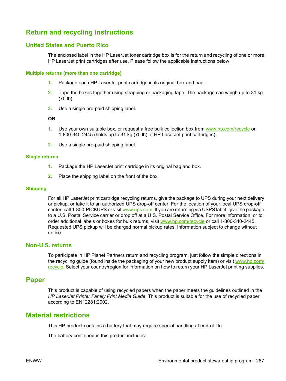 Return and recycling instructions, United states and puerto rico, Multiple returns (more than one cartridge) | Single returns, Shipping, Non-u.s. returns, Paper, Material restrictions, Paper material restrictions | HP CM6049F MFP User Manual | Page 303 / 320