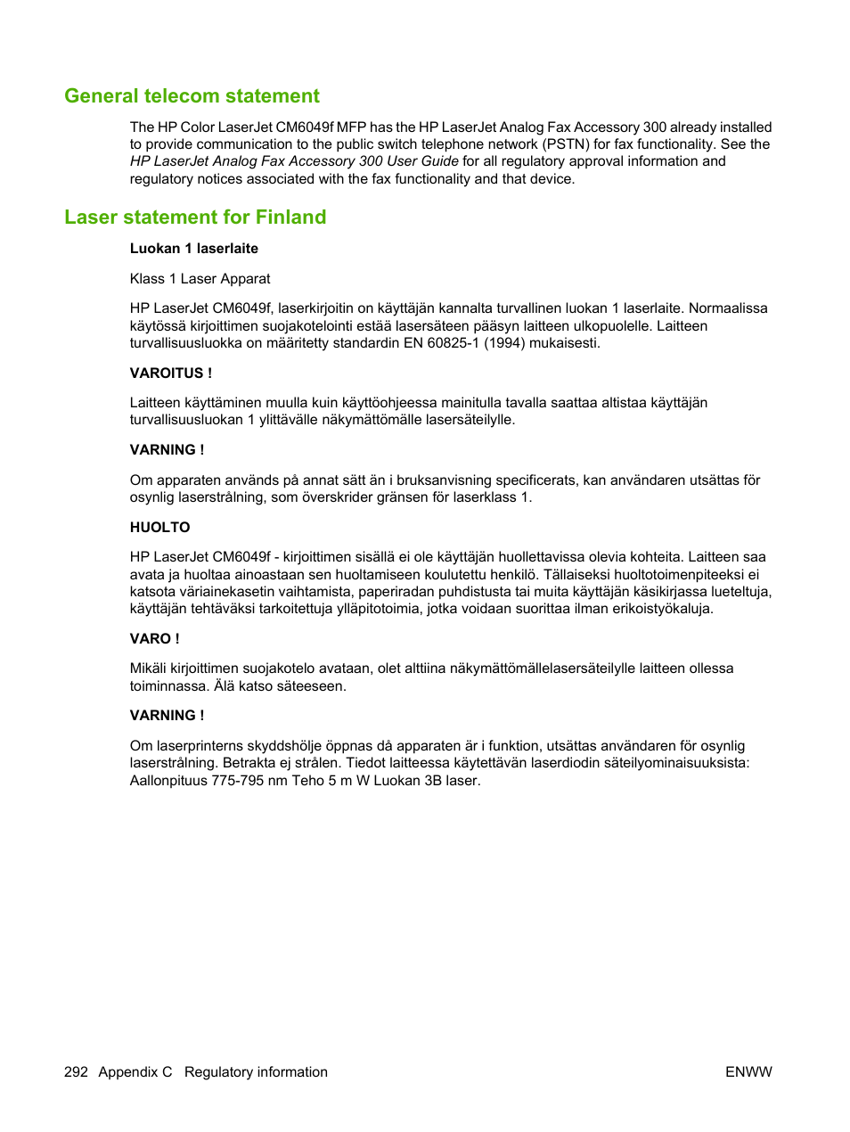 General telecom statement, Laser statement for finland | HP CM6049F MFP User Manual | Page 308 / 320