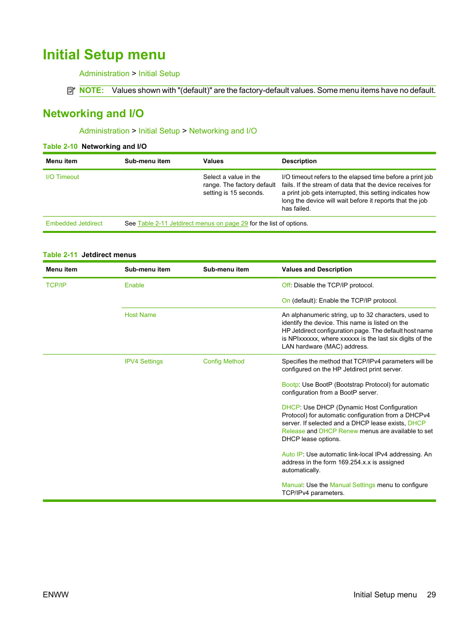 Initial setup menu, Networking and i/o | HP CM6049F MFP User Manual | Page 45 / 320