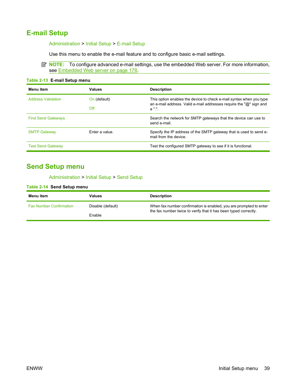 E-mail setup, Send setup menu, E-mail setup send setup menu | HP CM6049F MFP User Manual | Page 55 / 320