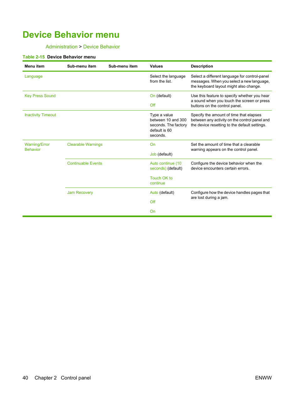 Device behavior menu | HP CM6049F MFP User Manual | Page 56 / 320