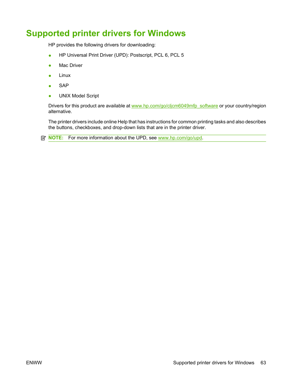 Supported printer drivers for windows | HP CM6049F MFP User Manual | Page 79 / 320