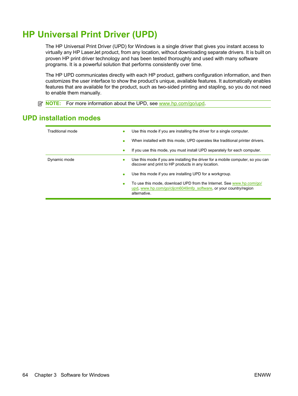 Hp universal print driver (upd), Upd installation modes | HP CM6049F MFP User Manual | Page 80 / 320