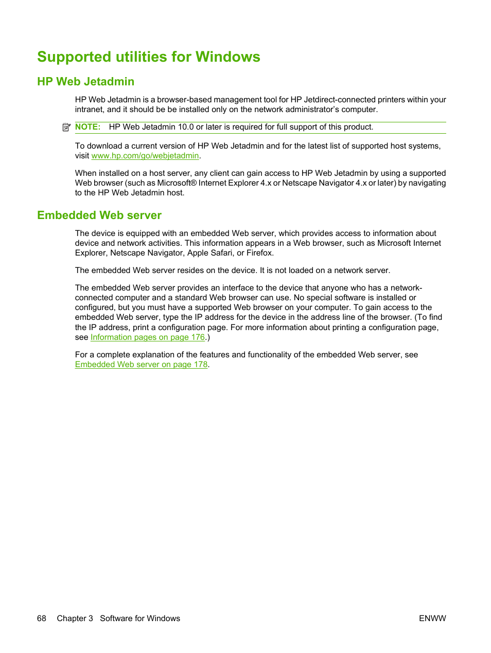 Supported utilities for windows, Hp web jetadmin, Embedded web server | Hp web jetadmin embedded web server | HP CM6049F MFP User Manual | Page 84 / 320