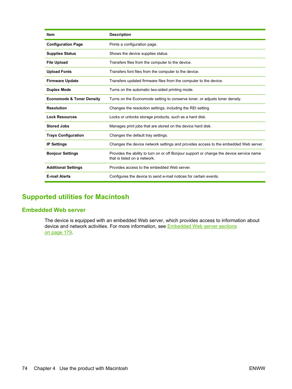 Supported utilities for macintosh, Embedded web server | HP CM6049F MFP User Manual | Page 90 / 320