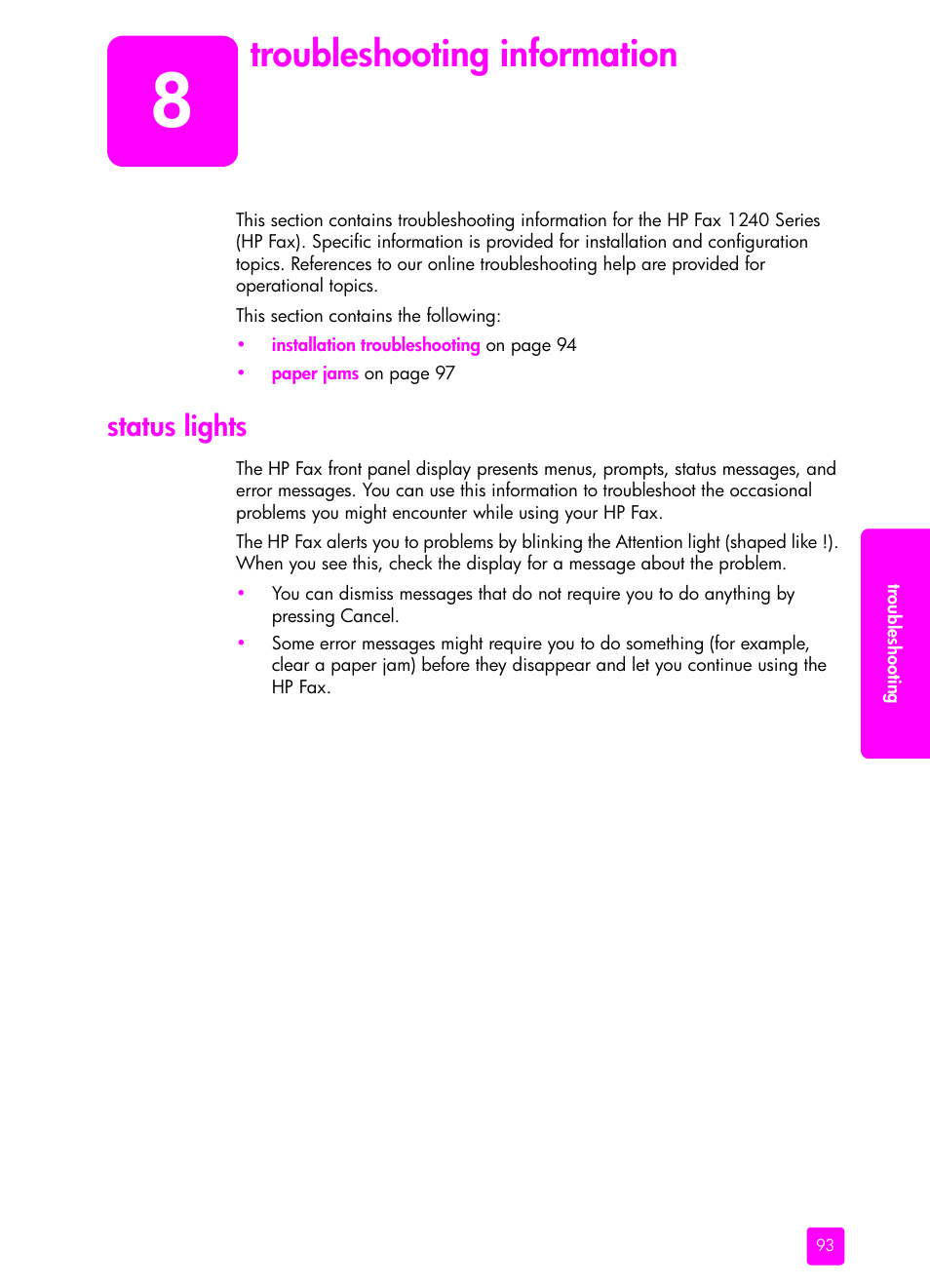 Troubleshooting information, Status lights, 8 troubleshooting information | HP 1240 Series User Manual | Page 103 / 148