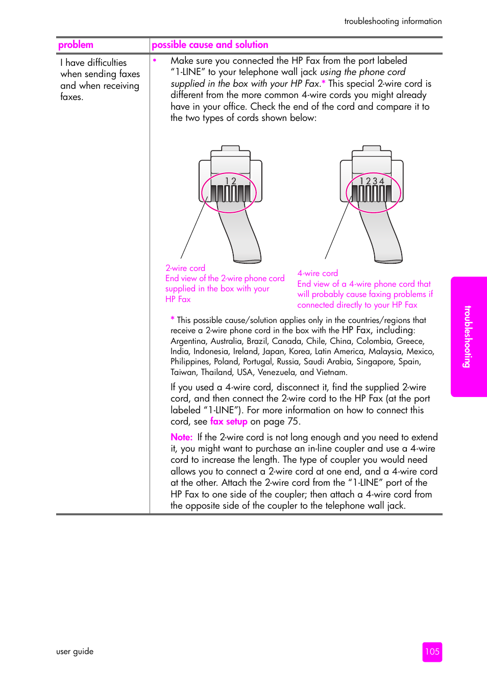 I have difficulties when, Sending faxes and when receiving faxes, I have difficulties when sending faxes and | When receiving faxes | HP 1240 Series User Manual | Page 115 / 148