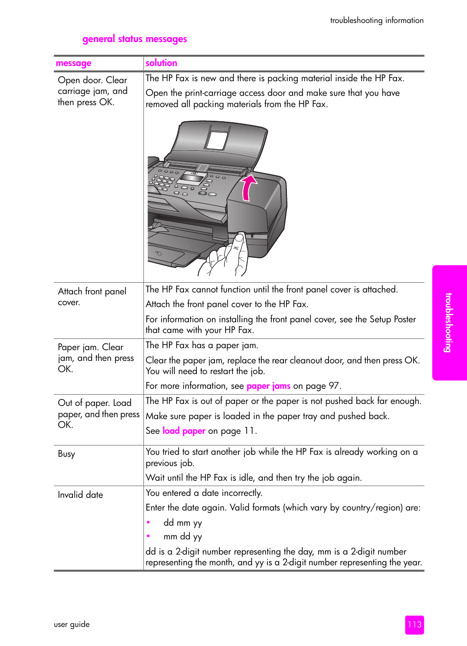 General status messages | HP 1240 Series User Manual | Page 123 / 148