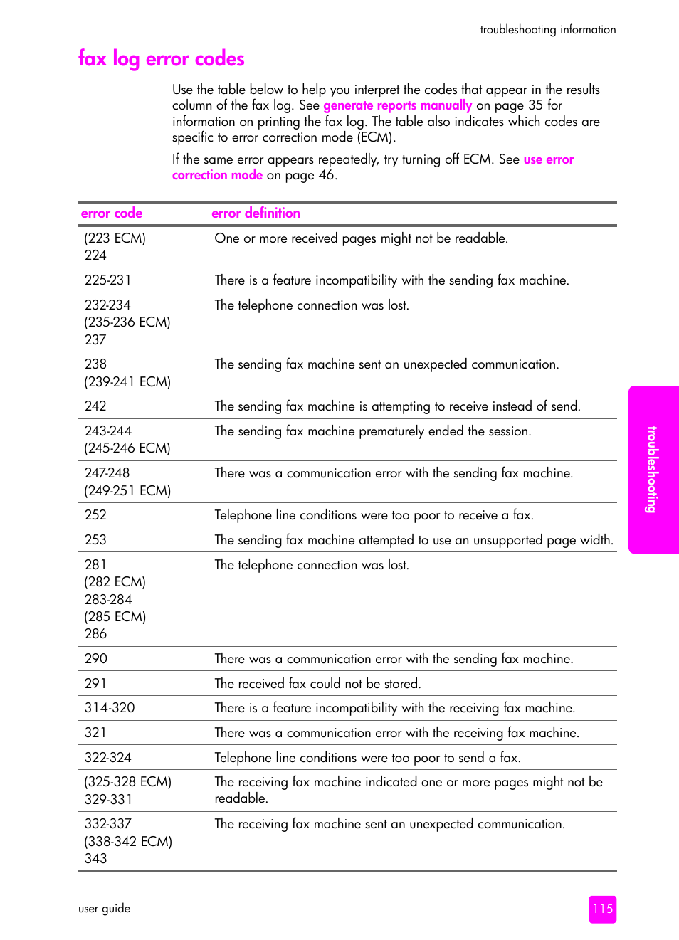 Fax log error codes | HP 1240 Series User Manual | Page 125 / 148