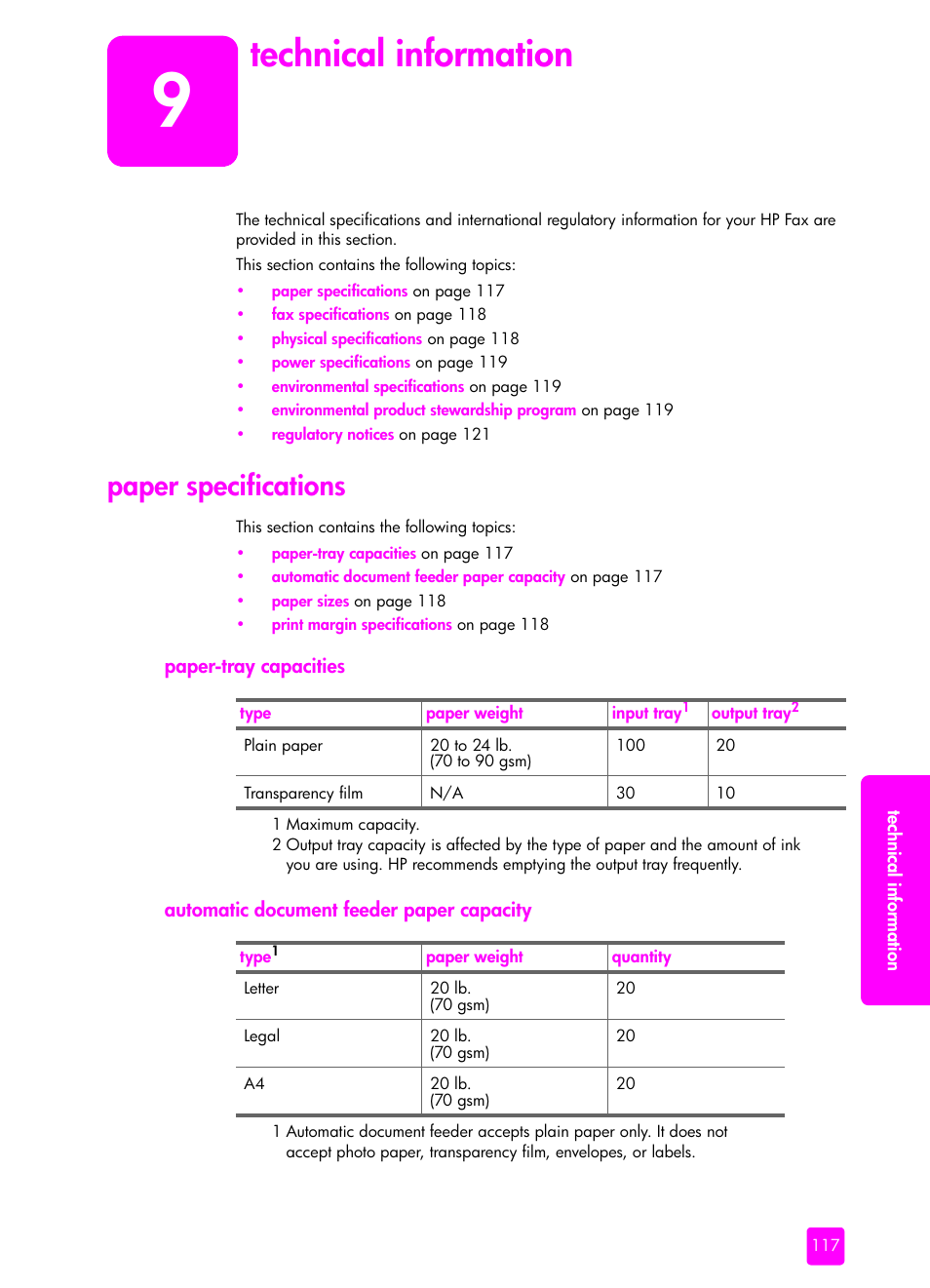 Technical information, Paper specifications, Paper-tray capacities | Automatic document feeder paper capacity, 9 technical information | HP 1240 Series User Manual | Page 127 / 148