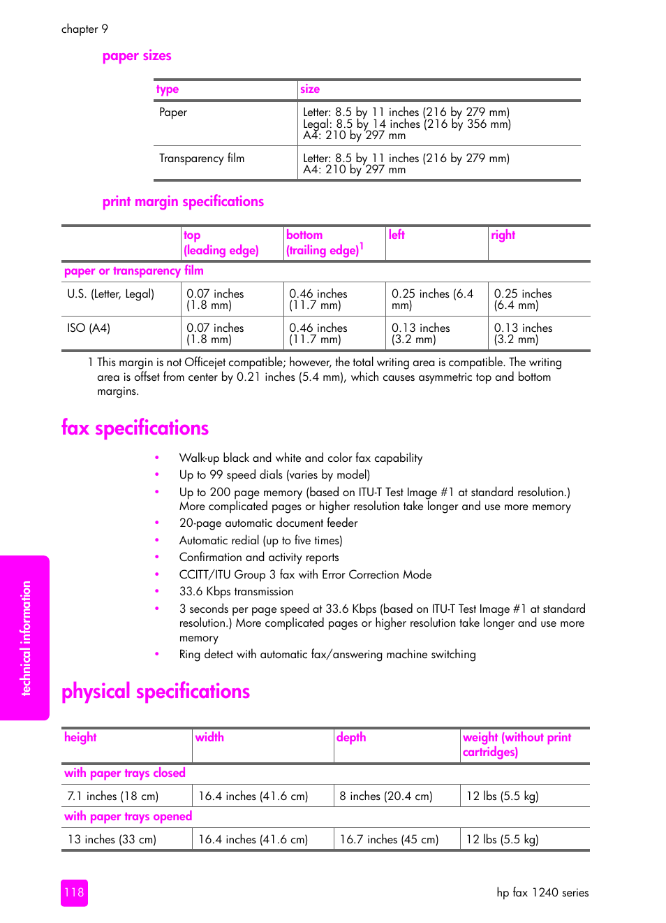 Paper sizes, Print margin specifications, Fax specifications | Physical specifications, Paper sizes print margin specifications, Fax specifications physical specifications | HP 1240 Series User Manual | Page 128 / 148