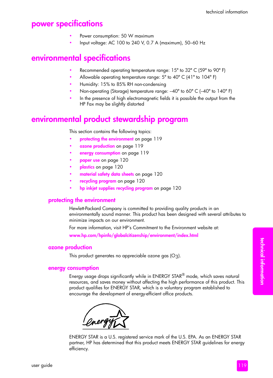 Power specifications, Environmental specifications, Environmental product stewardship program | Protecting the environment, Ozone production, Energy consumption | HP 1240 Series User Manual | Page 129 / 148