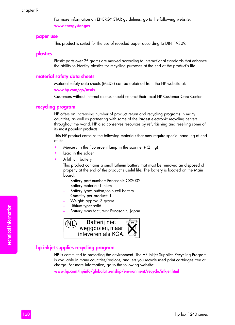 Paper use, Plastics, Material safety data sheets | Recycling program, Hp inkjet supplies recycling program | HP 1240 Series User Manual | Page 130 / 148