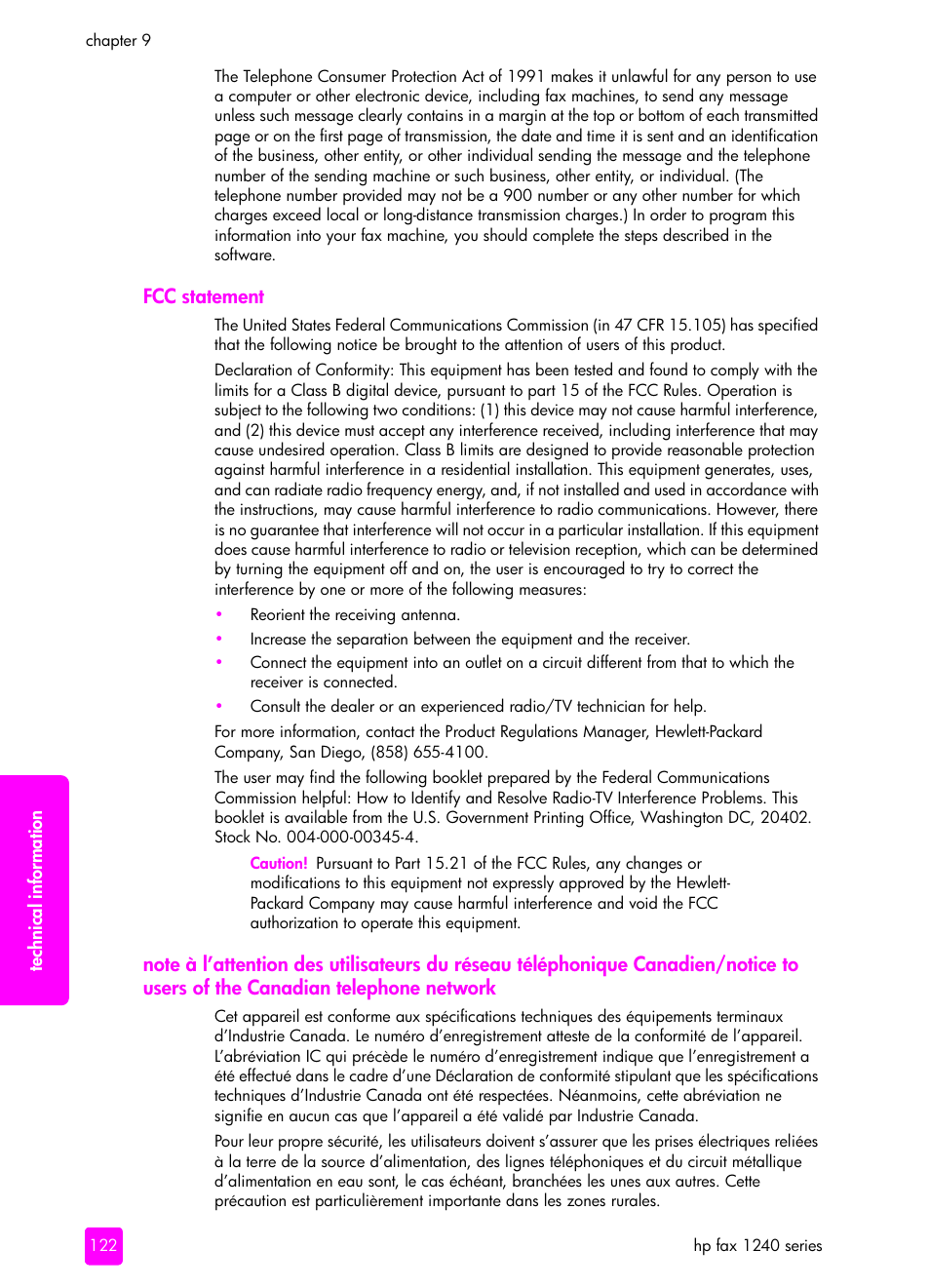 Fcc statement | HP 1240 Series User Manual | Page 132 / 148