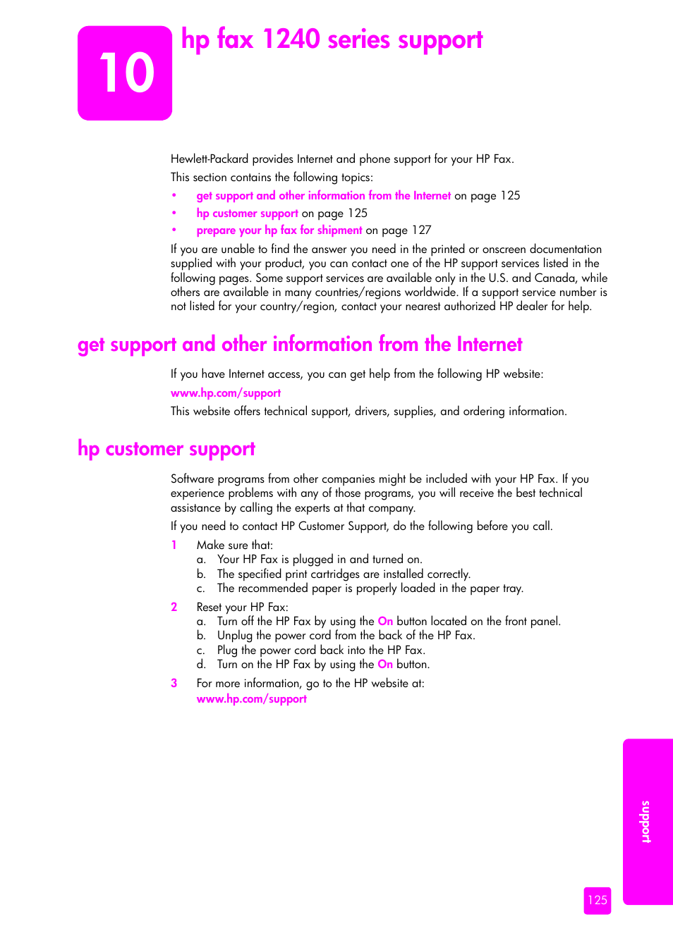 Hp fax 1240 series support, Hp customer support, 10 hp fax 1240 series support | HP 1240 Series User Manual | Page 135 / 148